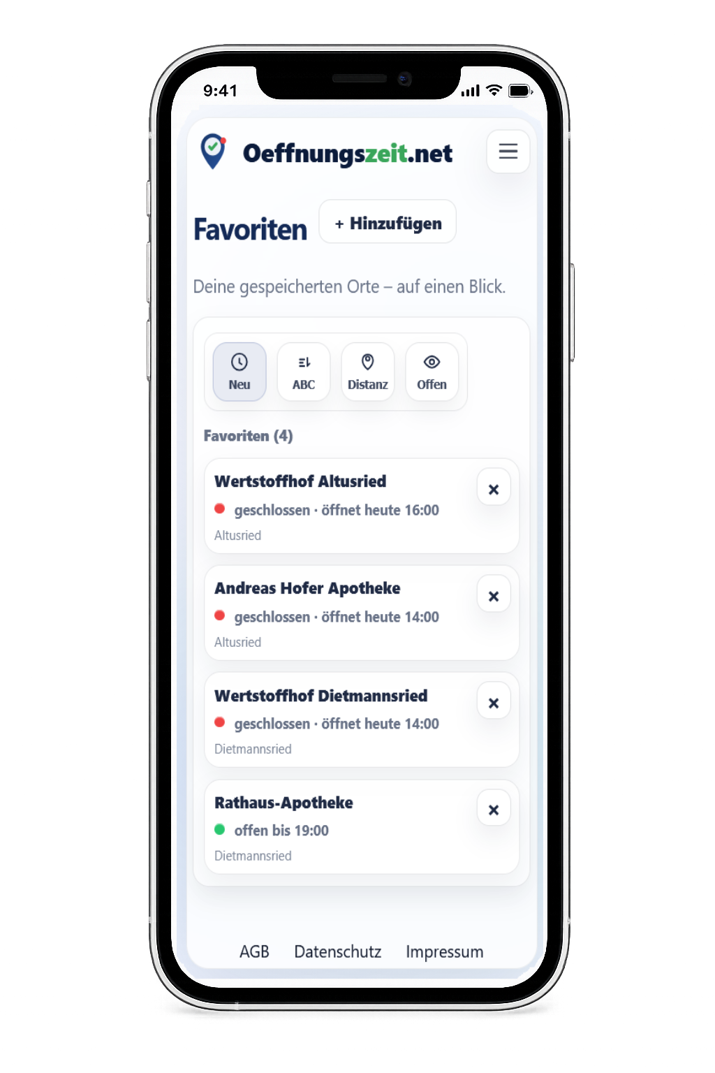 Handy-Mockup: Favoriten-Übersicht mit Öffnungszeiten-Status auf oeffnungszeit.net